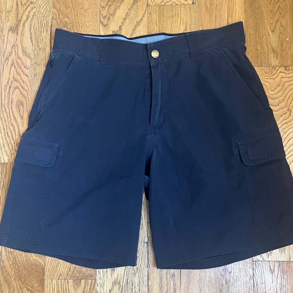 Orvis Cargo Shorts Black Gray Men's 32 Used Excellent Snap Pockets Elastic Waist